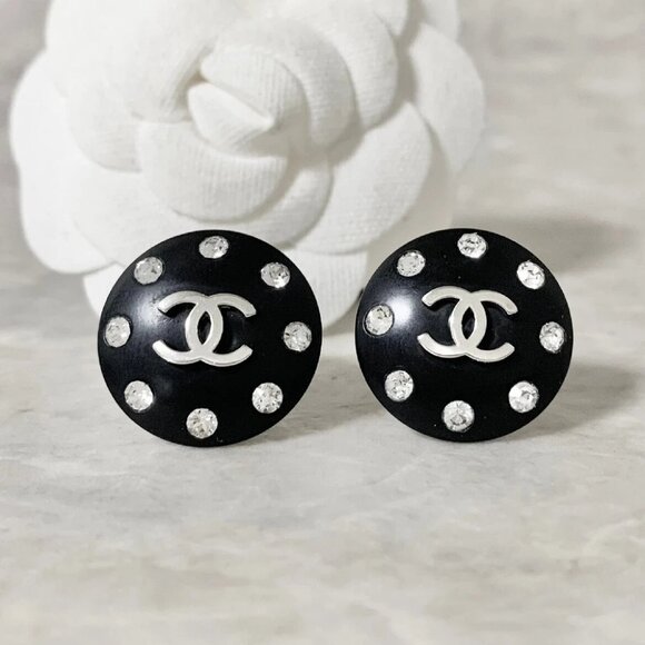CHANEL CC Logos Rhinestone Black Round Clip-On Earrings Silver Tone 96P Auth - Picture 3 of 5